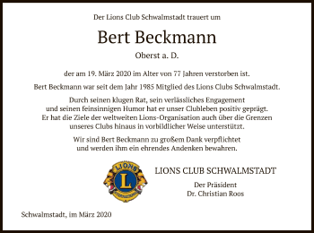 Traueranzeige von Bert Beckmann von HNA