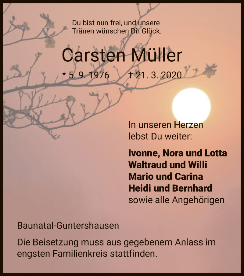  Traueranzeige für Carsten Müller vom 28.03.2020 aus HNA