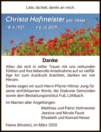 Traueranzeige von Christa Hofmeister von HNA