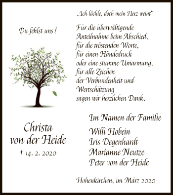 Traueranzeige von Christa von der Heide von HNA