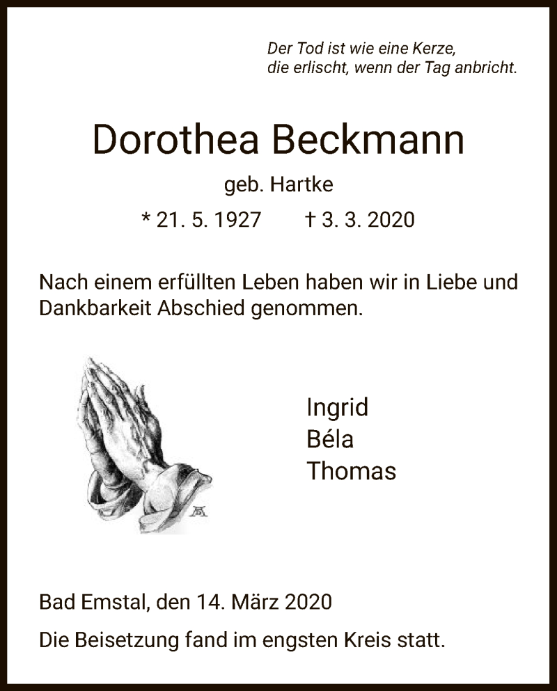 Traueranzeigen Dorothea Beckmann Trauer.HNA.de
