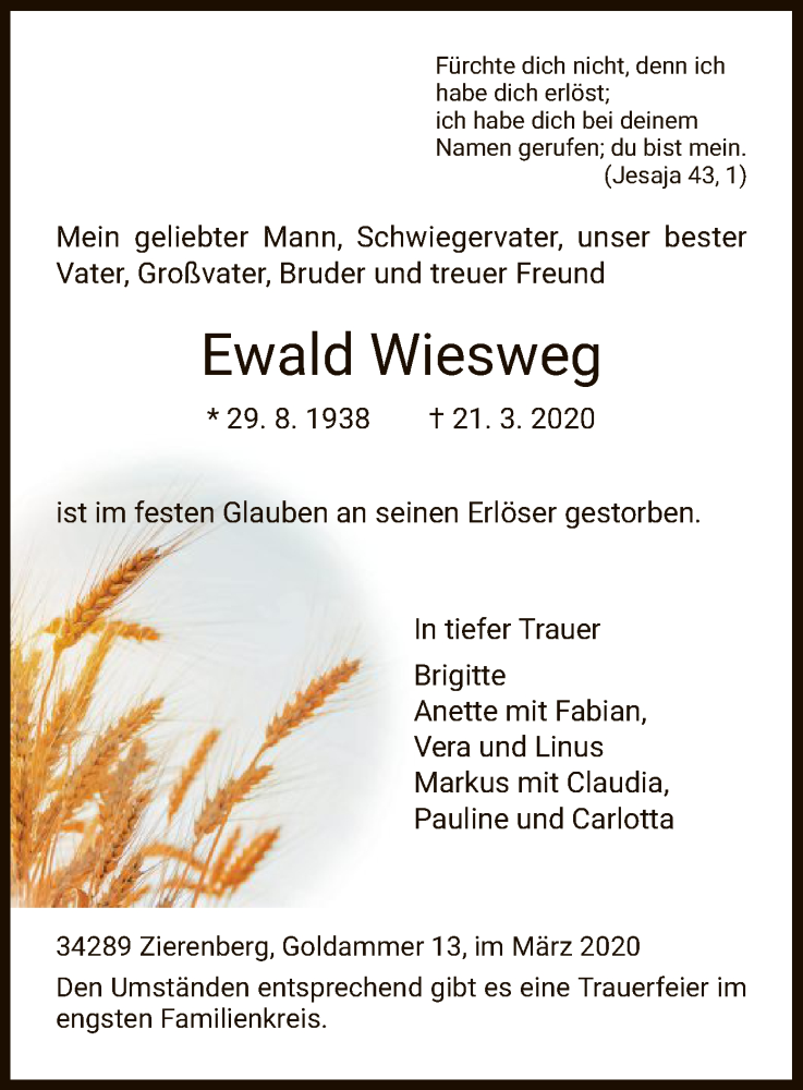  Traueranzeige für Ewald Wiesweg vom 26.03.2020 aus HNA