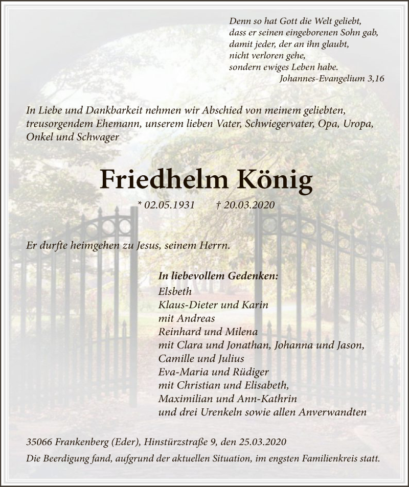  Traueranzeige für Friedhelm König vom 26.03.2020 aus HNA