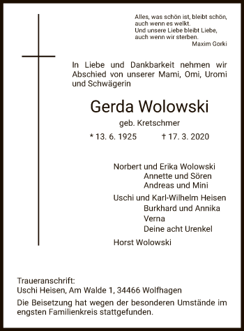 Traueranzeige von Gerda Wolowski von HNA