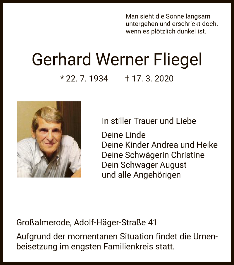  Traueranzeige für Gerhard Werner Fliegel vom 21.03.2020 aus HNA