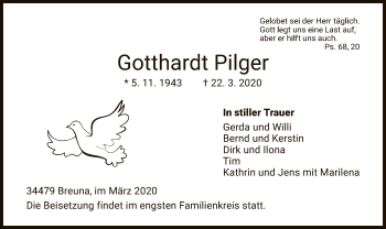 Traueranzeige von Gotthardt Pilger von HNA