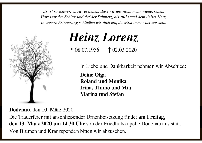  Traueranzeige für Heinz Lorenz vom 10.03.2020 aus HNA