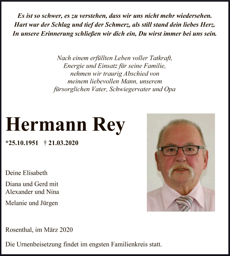  Traueranzeige für Hermann Rey vom 26.03.2020 aus HNA
