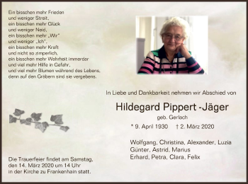 Traueranzeige von Hildegard Pippert-Jäger von HNA