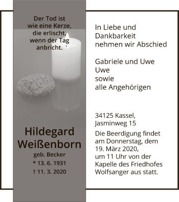 Traueranzeige von Hildegard Weißenborn von HNA