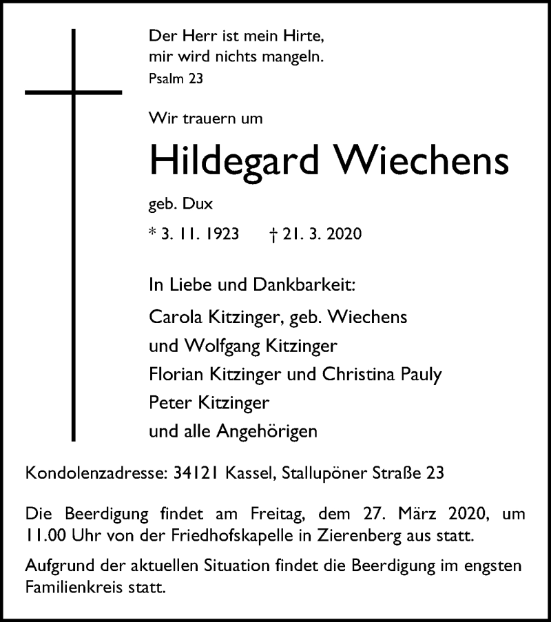  Traueranzeige für Hildegard Wiechens vom 25.03.2020 aus HNA