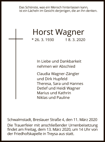 Traueranzeige von Horst Wagner von HNA