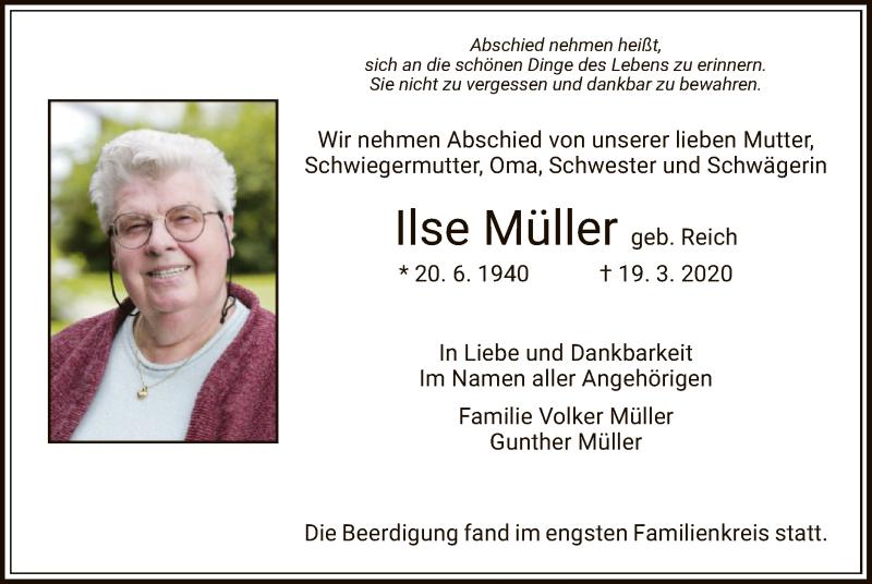  Traueranzeige für Ilse Müller vom 28.03.2020 aus HNA