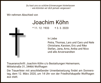 Traueranzeige von Joachim Köhn von HNA