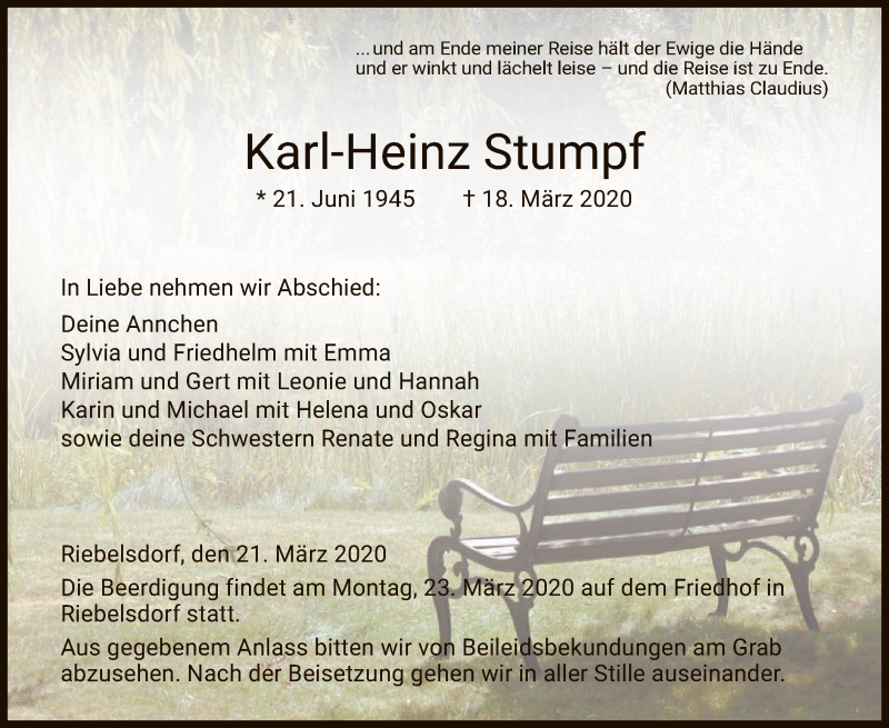 Traueranzeige für Karl-Heinz Stumpf vom 21.03.2020 aus HNA