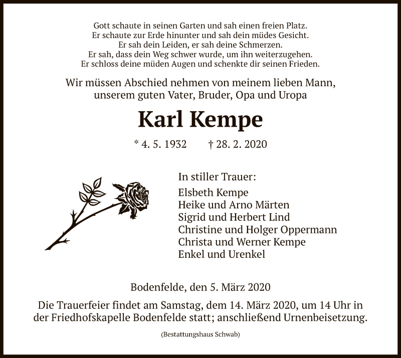  Traueranzeige für Karl Kempe vom 05.03.2020 aus HNA