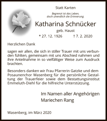 Traueranzeige von Katharina Schnücker von HNA