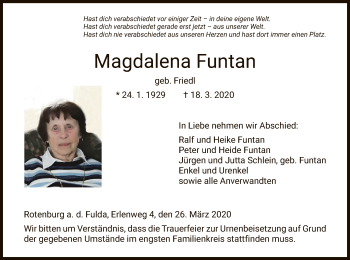 Traueranzeige von Magdalena Funtan von HNA