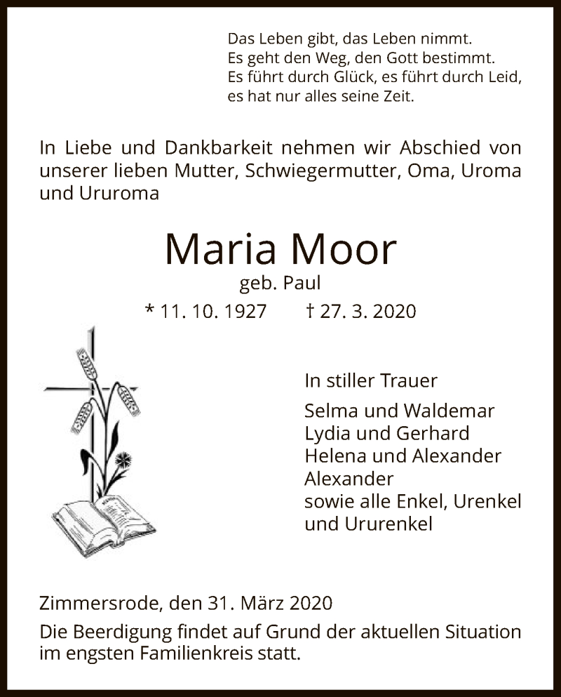  Traueranzeige für Maria Moor vom 31.03.2020 aus HNA