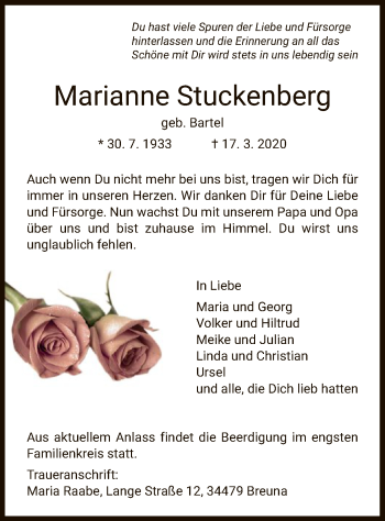 Traueranzeige von Marianne Stuckenberg von HNA