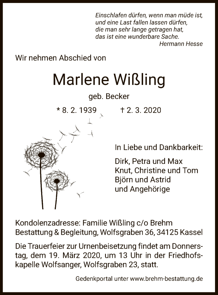 Traueranzeigen Von Marlene Wissling Trauer Hna De