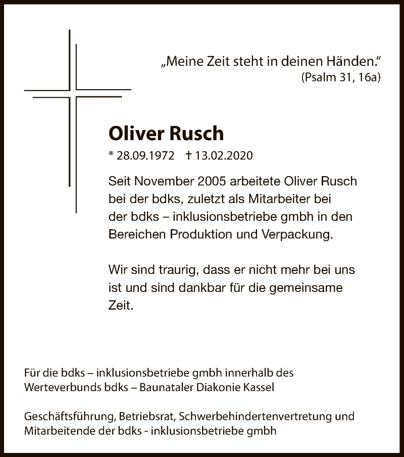  Traueranzeige für Oliver Rusch vom 17.03.2020 aus HNA