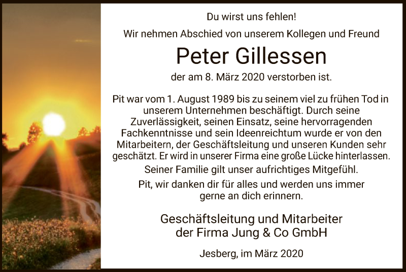  Traueranzeige für Peter Gillessen vom 13.03.2020 aus HNA