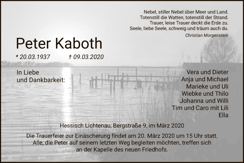  Traueranzeige für Peter Kaboth vom 14.03.2020 aus HNA