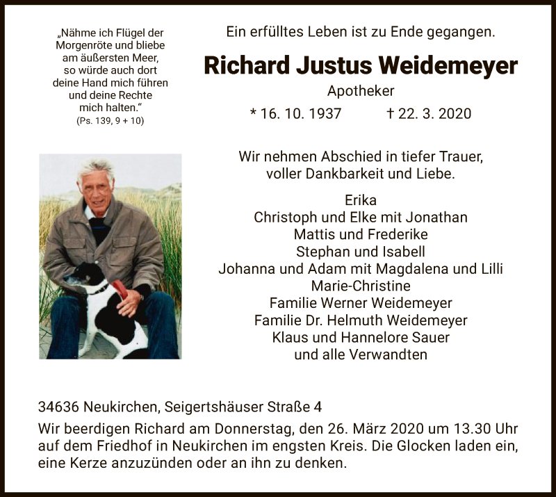  Traueranzeige für Richard Justus Weidemeyer vom 24.03.2020 aus HNA
