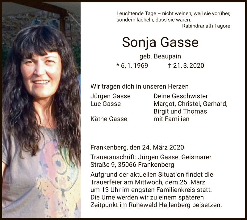  Traueranzeige für Sonja Gasse vom 24.03.2020 aus HNA