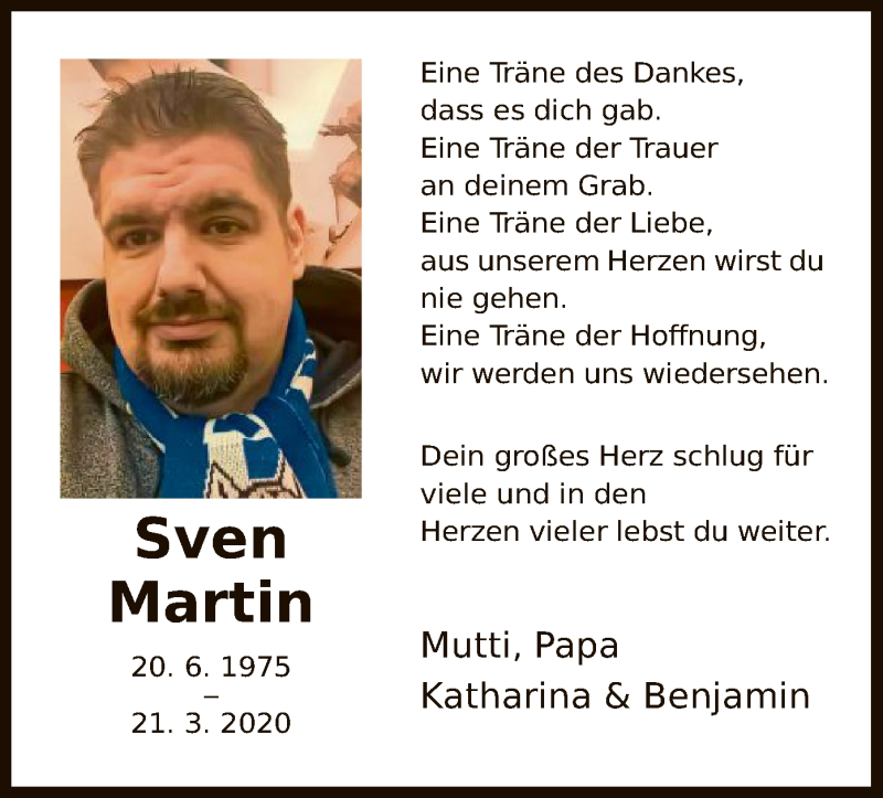  Traueranzeige für Sven Martin vom 25.03.2020 aus HNA