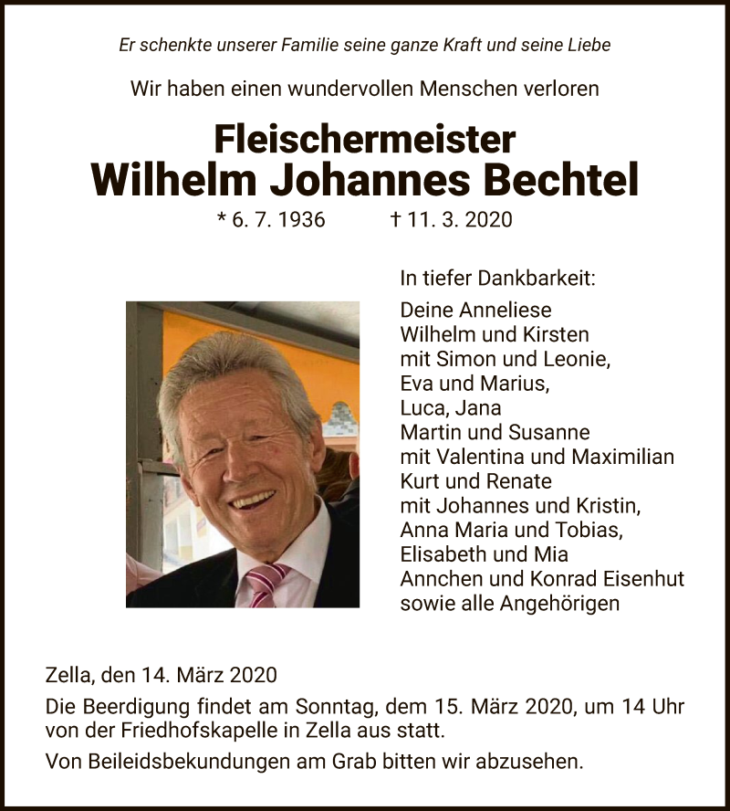 Traueranzeigen von Wilhelm Johannes Bechtel | Trauer.HNA.de