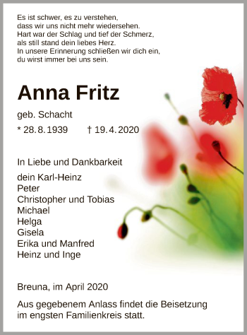 Traueranzeige von Anna Fritz von HNA