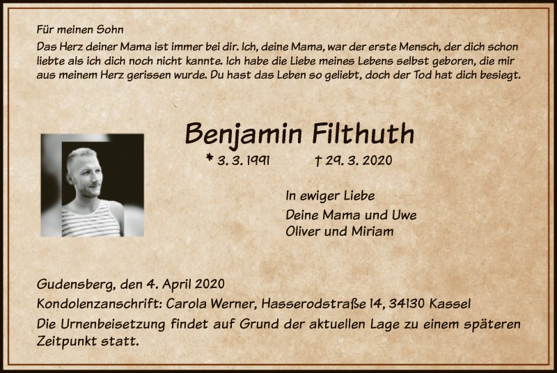  Traueranzeige für Benjamin Filthuth vom 04.04.2020 aus HNA