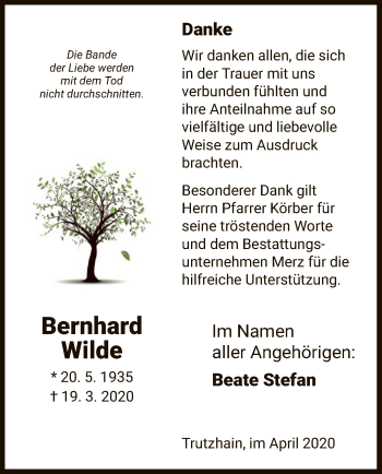 Traueranzeige von Bernhard Wilde von HNA