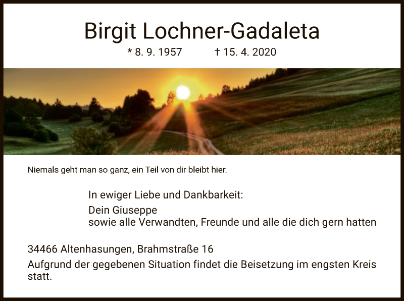  Traueranzeige für Birgit Lochner-Gadaleta vom 25.04.2020 aus HNA