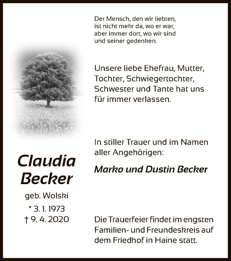  Traueranzeige für Claudia Becker vom 17.04.2020 aus HNA