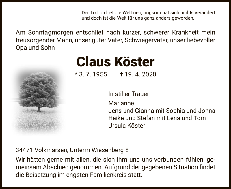  Traueranzeige für Claus Köster vom 21.04.2020 aus HNA