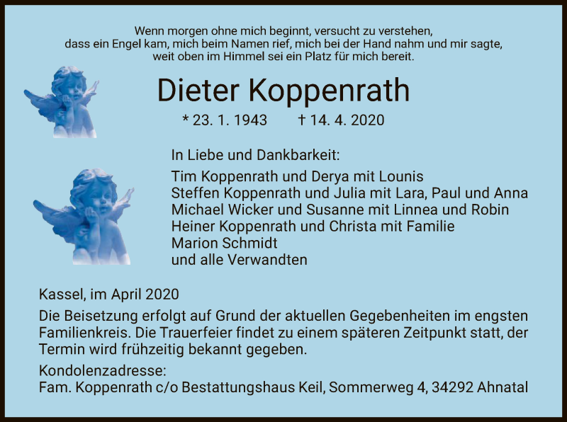  Traueranzeige für Dieter Koppenrath vom 20.04.2020 aus HNA