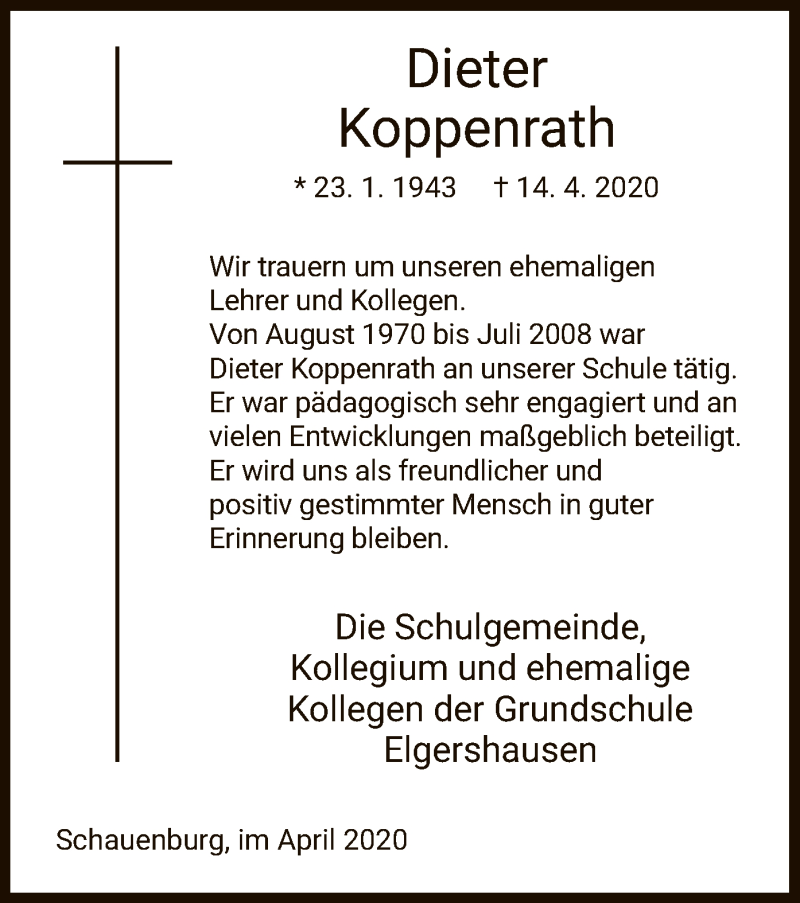  Traueranzeige für Dieter Koppenrath vom 25.04.2020 aus HNA