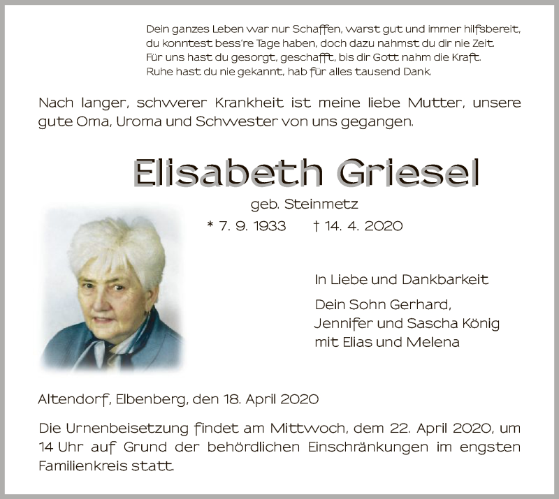 Traueranzeigen von Elisabeth Griesel | Trauer.HNA.de