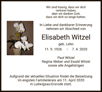 Traueranzeige von Elisabeth Witzel von HNA
