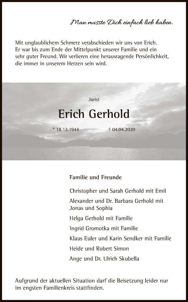  Traueranzeige für Erich Gerhold vom 11.04.2020 aus HNA