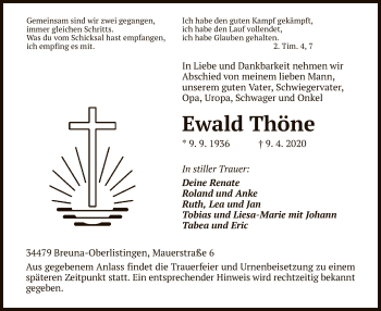 Traueranzeige von Ewald Thöne von HNA