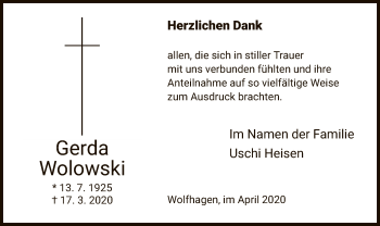 Traueranzeige von Gerda Wolowski von HNA