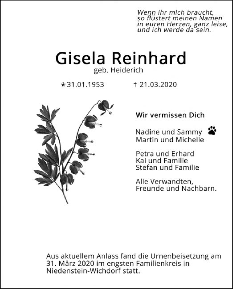  Traueranzeige für Gisela Reinhard vom 01.04.2020 aus HNA