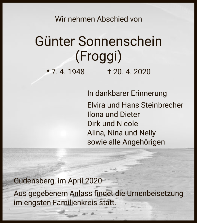  Traueranzeige für Günter Sonnenschein vom 25.04.2020 aus HNA