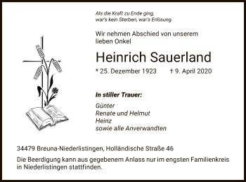 Traueranzeige von Heinrich Sauerland von HNA