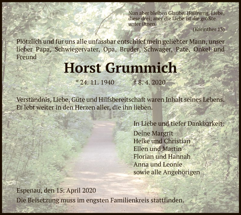  Traueranzeige für Horst Grummich vom 14.04.2020 aus HNA
