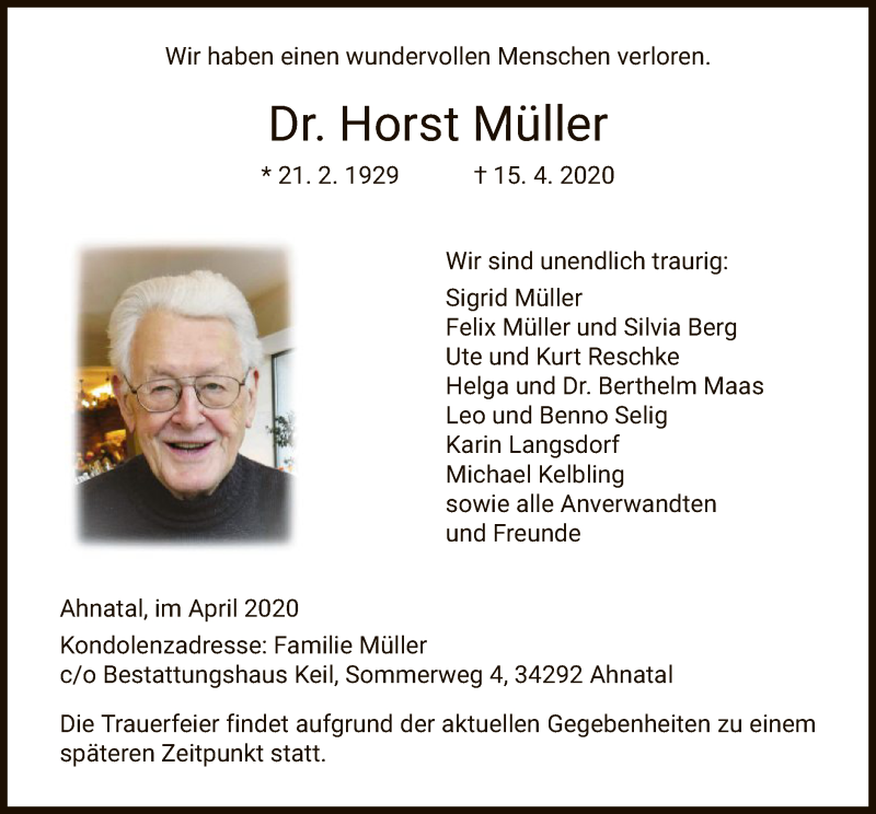  Traueranzeige für Horst Müller vom 18.04.2020 aus HNA